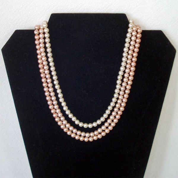 Triple Strand Tri Color Pink Beige Faux Pearl Necklace Clearance #2