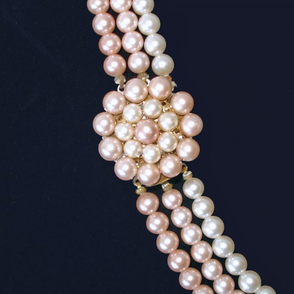 Triple Strand Tri Color Pink Beige Faux Pearl Necklace Clearance #3