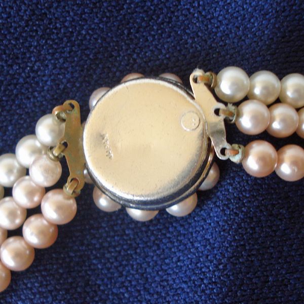 Triple Strand Tri Color Pink Beige Faux Pearl Necklace Clearance #4