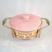 Bauer 1950s Pink Speckled Covered Casserole in Metal Cradle