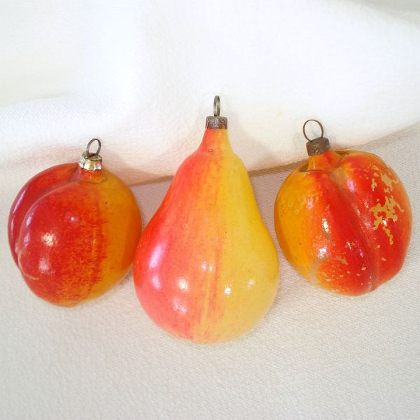 Unsilvered Peaches, Pear Antique Glass Christmas Ornaments
