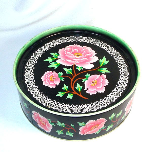 Crawford Pink Peonies on Black English Biscuit Tin Clearance