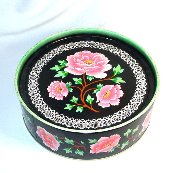 Crawford Pink Peonies on Black English Biscuit Tin