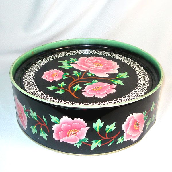 Crawford Pink Peonies on Black English Biscuit Tin Clearance #2