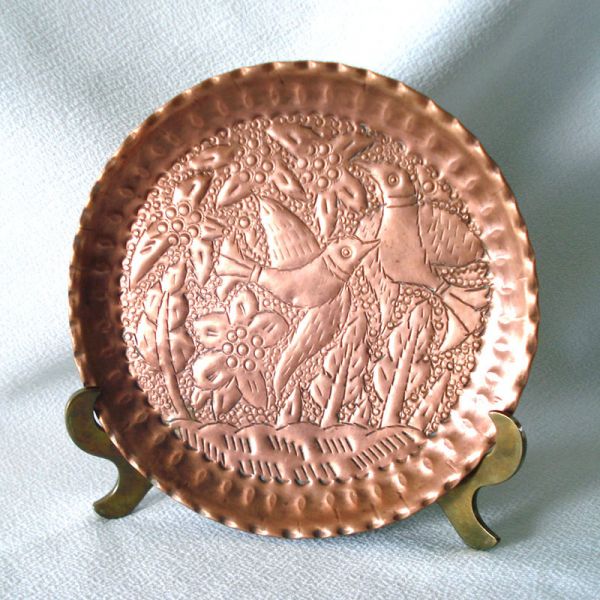 Persian Repousse Copper Plate Birds, Flowers