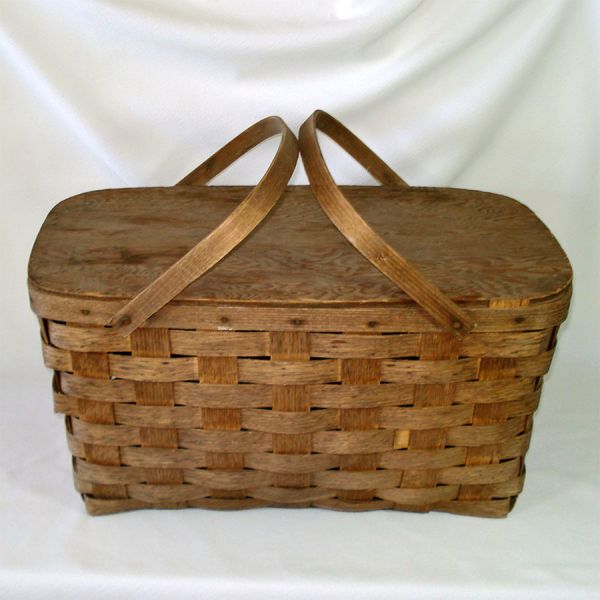 Rustic Peterboro Wood Splint Hinged Lid Picnic Basket