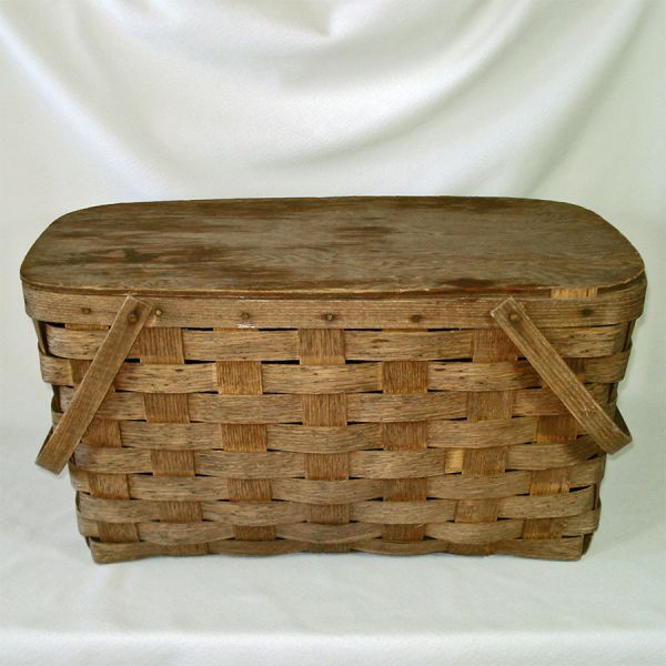 Rustic Peterboro Wood Splint Hinged Lid Picnic Basket #2