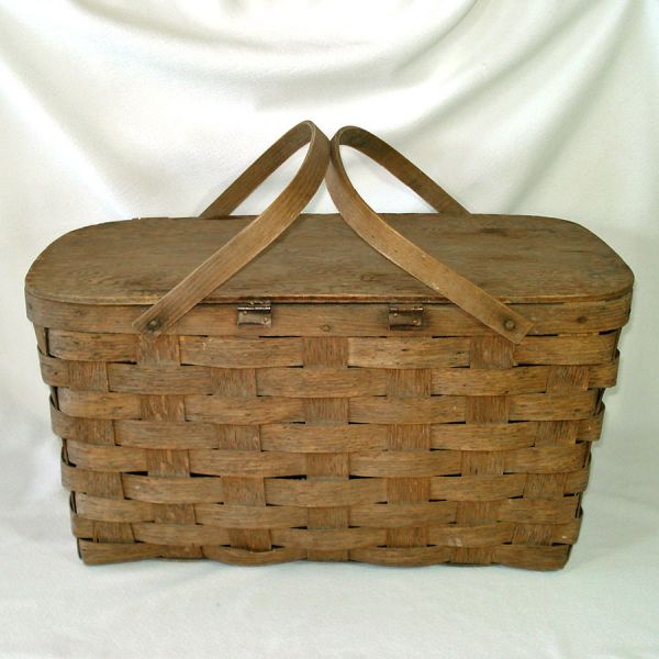 Rustic Peterboro Wood Splint Hinged Lid Picnic Basket #3