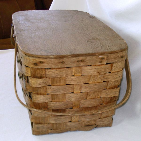 Rustic Peterboro Wood Splint Hinged Lid Picnic Basket #6