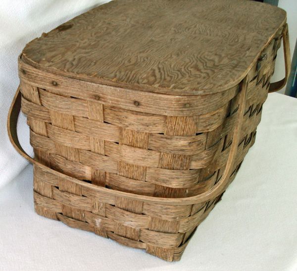 Rustic Peterboro Wood Splint Hinged Lid Picnic Basket #7