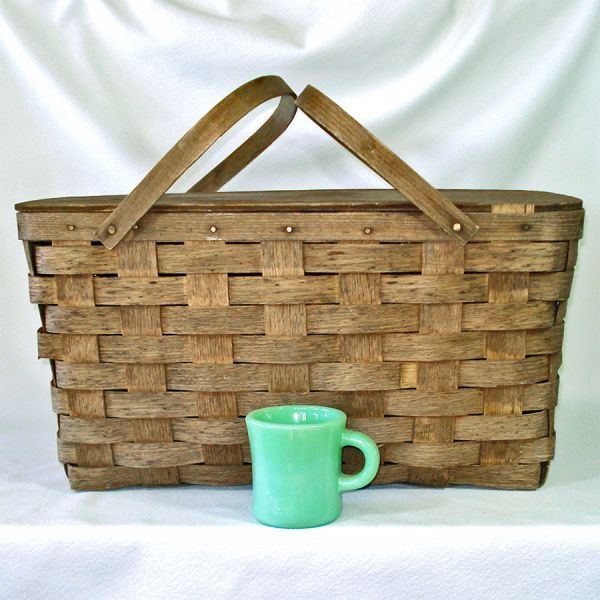 Rustic Peterboro Wood Splint Hinged Lid Picnic Basket #9