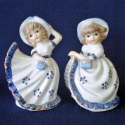 Blue White Pair Porcelain Petticoat Girls Figurines Clearance