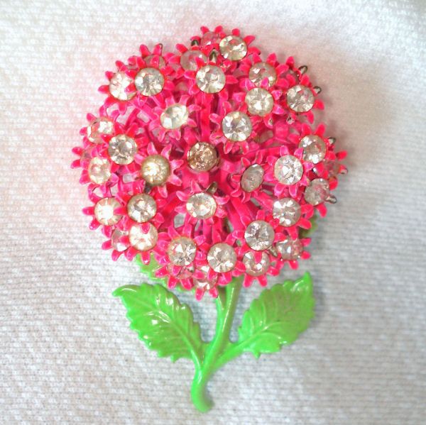 Rhinestone Pink Enamel Puff Flower Pin Brooch Clearance #3