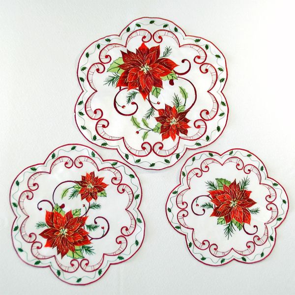 Embroidered Cutwork Christmas Poinsettia Doilies #4