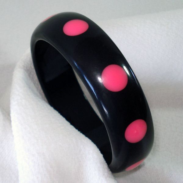 Pink Polka Dots on Black Plastic Bangle Bracelet #2
