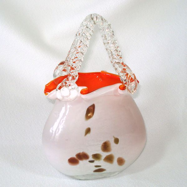 Art Glass Purse Vase Orange White Copper Millefiori Clearance