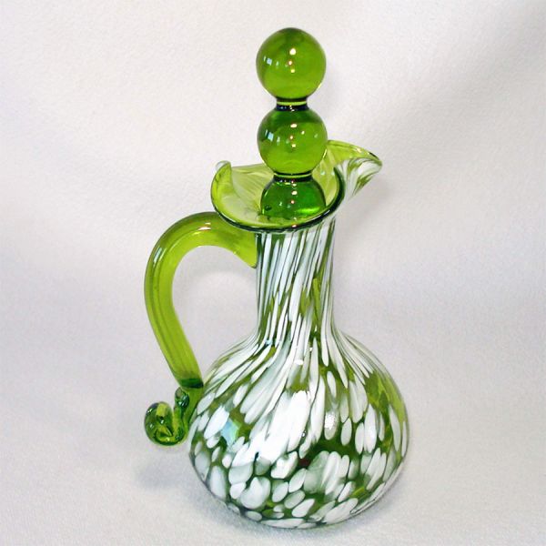 Rainbow Art Glass Green Spatter Stoppered Bottle Cruet #2