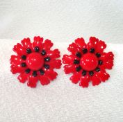 Red Black Flower Enameled Sixties Mod Clip Earrings