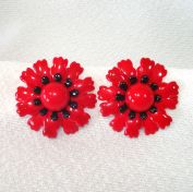 Red Black Flower Enameled Sixties Mod Clip Earrings Clearance