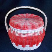 Red and White Woven Plastic Covered Sewing or Hair Curlers Basket