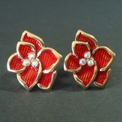 Red Enamel Flower With Rhinestones Clip Earrings Clearance