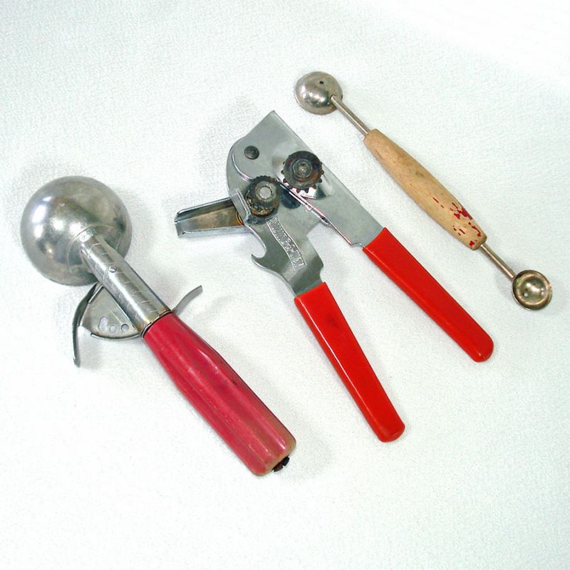 Vintage Mid Century Two Can Openers Red Wood Handle 50's Kitchen 