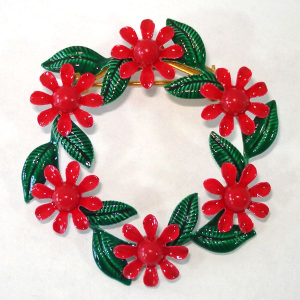 Enamel Red Green Flower Wreath Brooch Pin #2