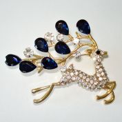 Christmas Leaping Reindeer Brooch Pin Blue Clear Rhinestones