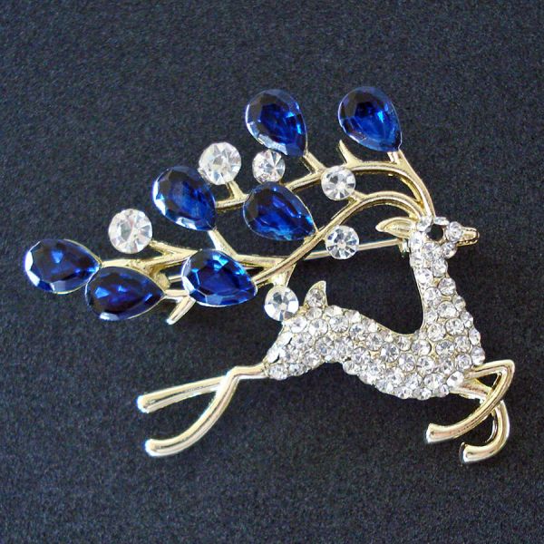 Christmas Leaping Reindeer Brooch Pin Blue Clear Rhinestones #3