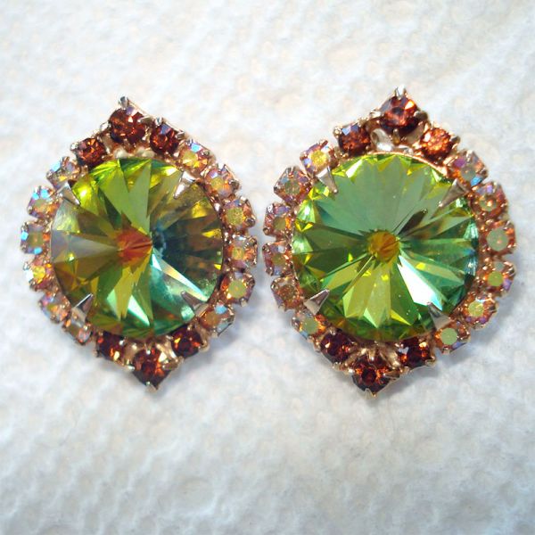 Rivoli Rhinestone Olivine Green Clip Earrings Clearance