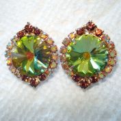 Rivoli Rhinestone Olivine Green Clip Earrings Clearance