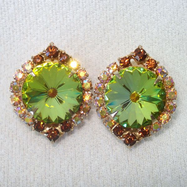 Rivoli Rhinestone Olivine Green Clip Earrings Clearance #2