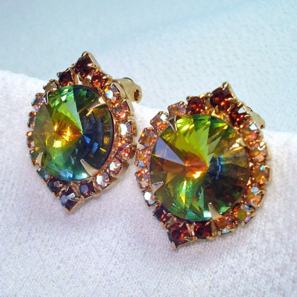 Rivoli Rhinestone Olivine Green Clip Earrings Clearance #3