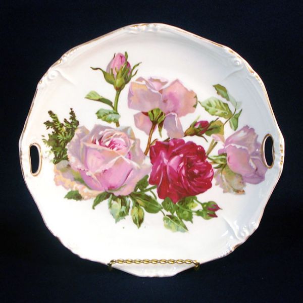 Handled Porcelain Plate With Shabby Pink, Red Roses Clearance
