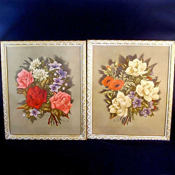 Pair 1940s Large Framed Averill Floral Prints Clearance