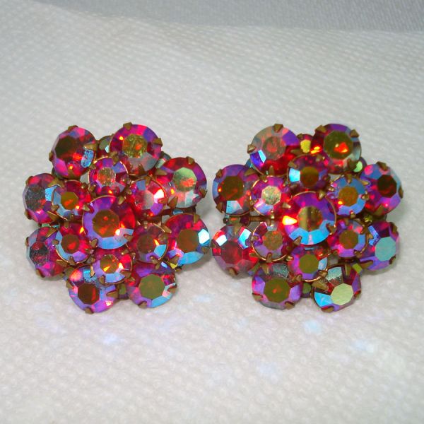 Red Aurora Rhinestone Cluster Clip Earrings Clearance