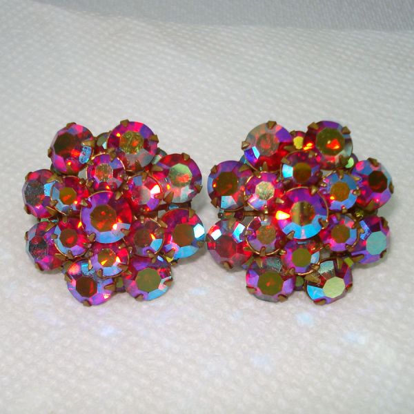 Red Aurora Rhinestone Cluster Clip Earrings