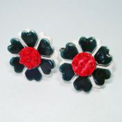 Enameled Metal Red White Blue Flower Clip Earrings