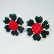 Enameled Metal Red White Blue Flower Clip Earrings Clearance