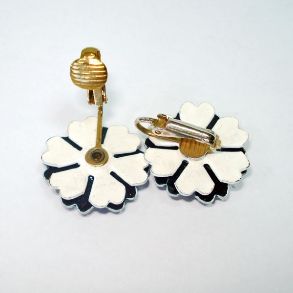 Enameled Metal Red White Blue Flower Clip Earrings Clearance #2
