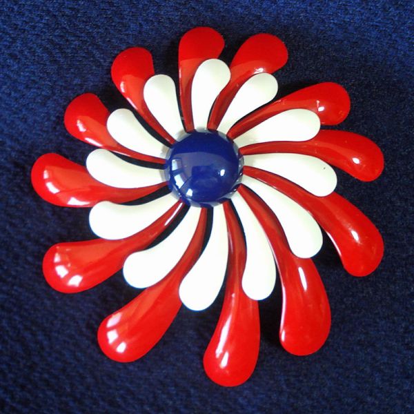 Red White Blue 60s Mod Flower Power Pin Brooch Spiral Petals Clearance