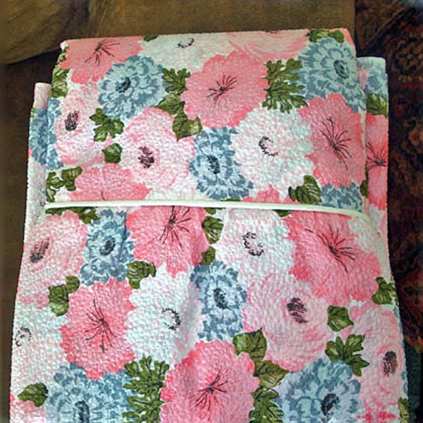 1960s Unused Blue Pink Floral Seersucker Twin Bedspread Clearance #4