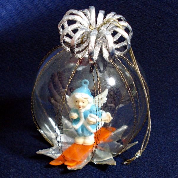 Skiing Angel Dimensional Dome Scene Glass Christmas Ornament