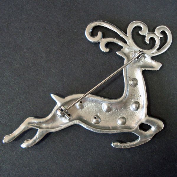 Leaping Reindeer Pewter Tone Christmas Brooch Pin Clearance #2