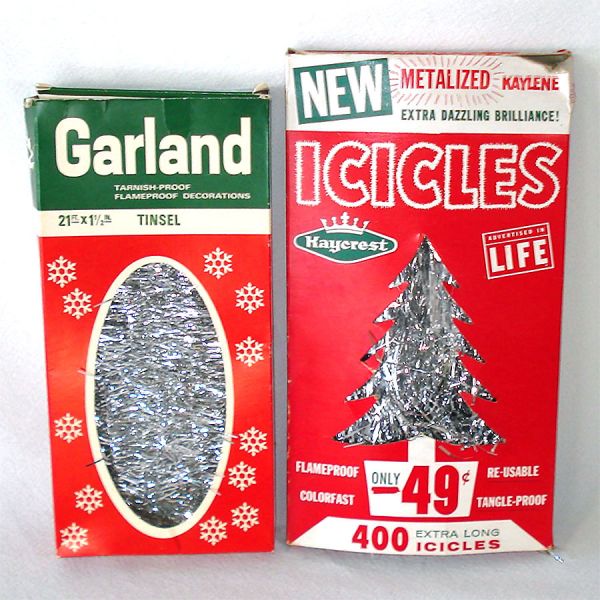 Box 1950s Christmas Tinsel Icicles and Silver Tinsel Garland