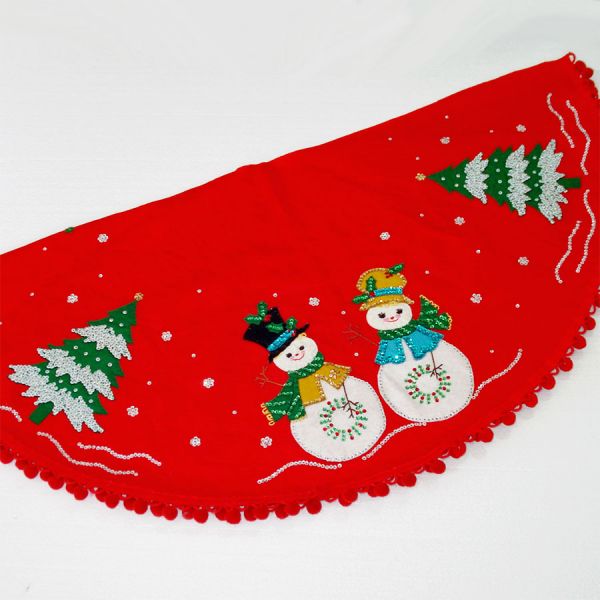 Snowman Couple Sequin Felt Applique Christmas Tree Skirt #2