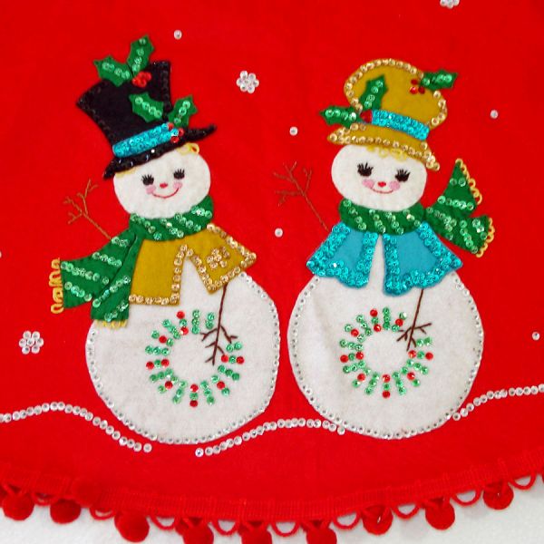 Snowman Couple Sequin Felt Applique Christmas Tree Skirt #3
