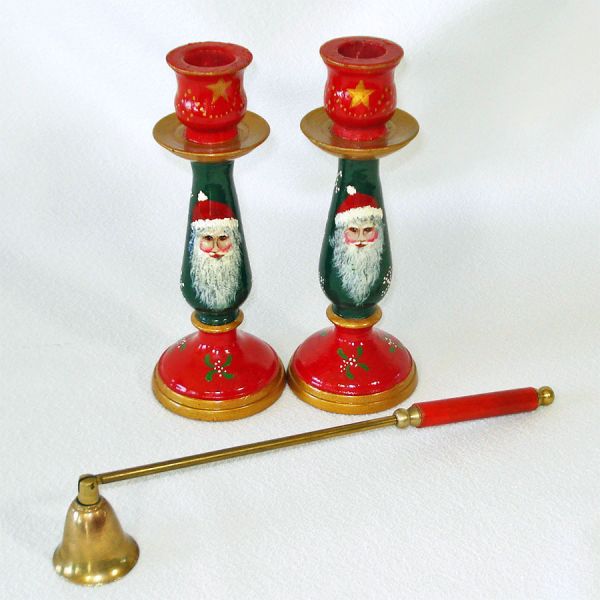 Father Christmas Painted Wood Candle Holders With Snuffer
