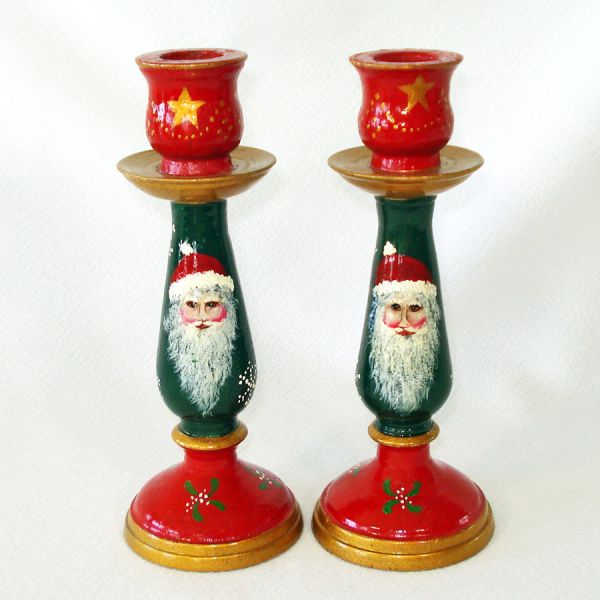 Father Christmas Painted Wood Candle Holders With Snuffer #2