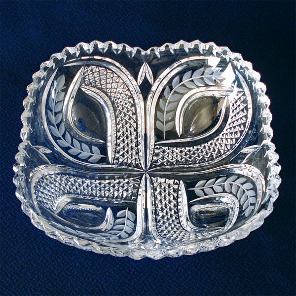 Lead Crystal Elegant Square Bowl Diamonds and Cut Leaves Clearance #2